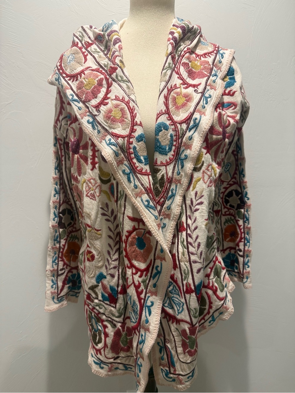 Johnny Was - Biya- Cream Multi Embroidered Hooded Open Cardigan with Pink Hem